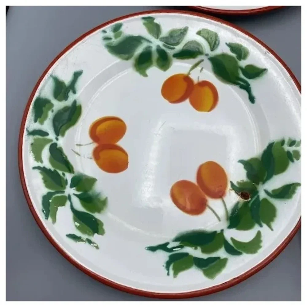 Distressed Vintage Huta Silesia Plates Poland Enamelware Fruit 4pcs